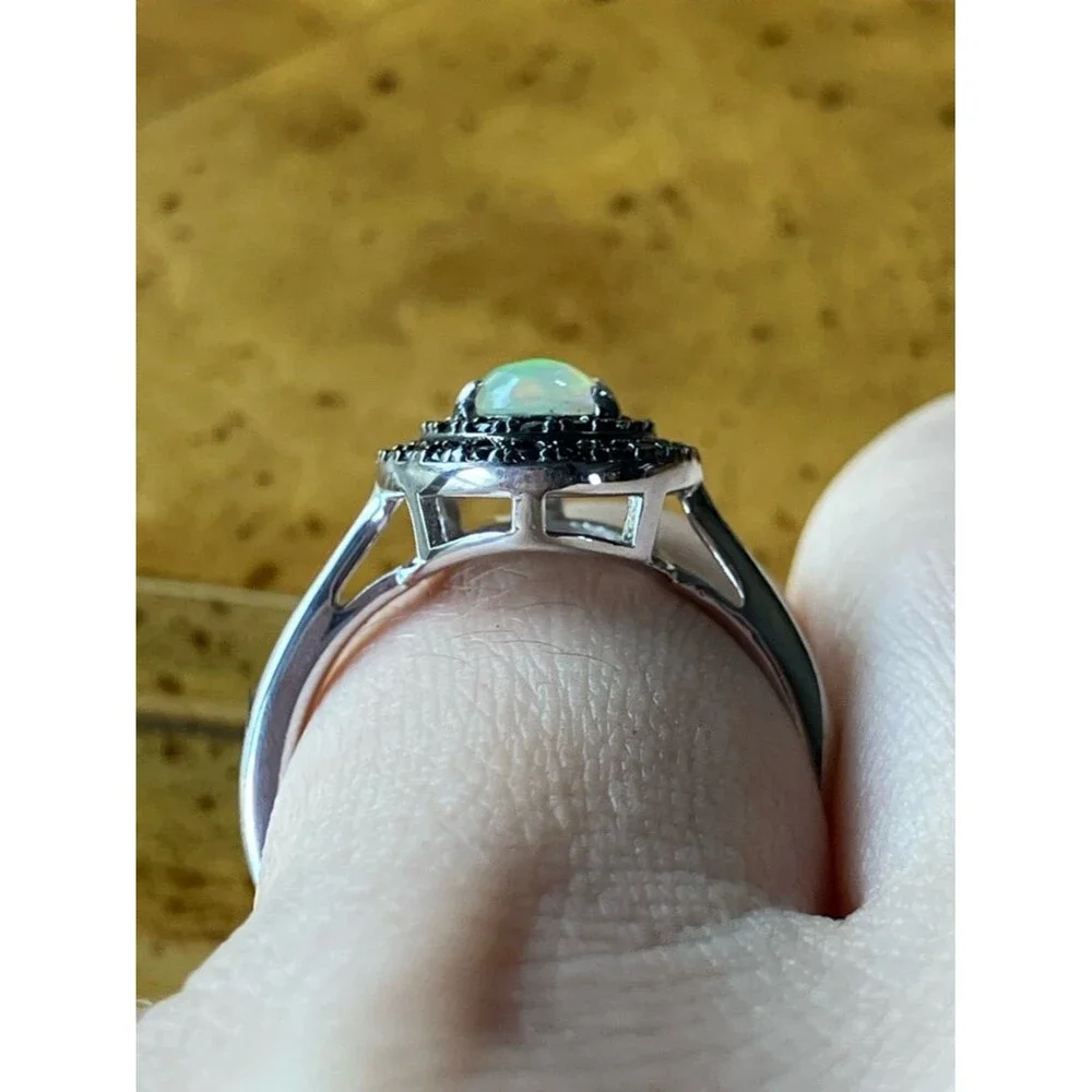 Natural Ethiopian Opal Black Spinel Sterling Silver Ring Size 6.75